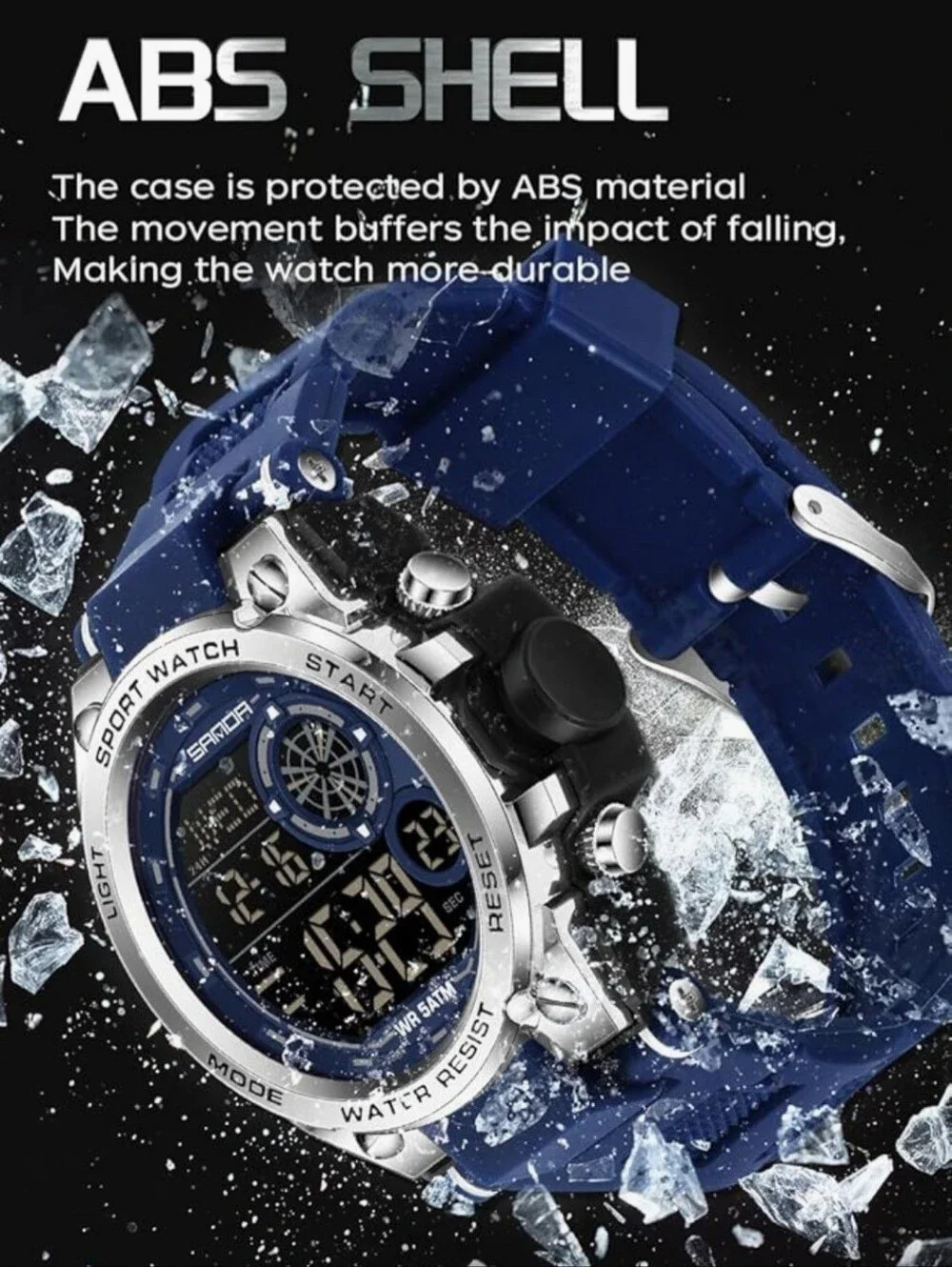 Multifunction Sports Digital Watch, 50M Water Resistant, 5ATM, LED, ABS Shell.